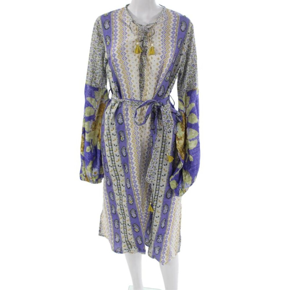 D'ascoli Women Shirt Dress Multicolor Paisley Cotton V-Neck Long Sleeve Size M